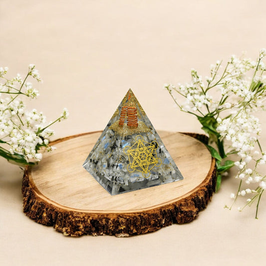 Rainbow Moonstone Metatron’s Cube Orgone Pyramid