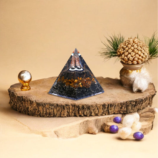 Large Tiger’s Eye and Black Tourmaline Evil Eye Crystal Pyramid