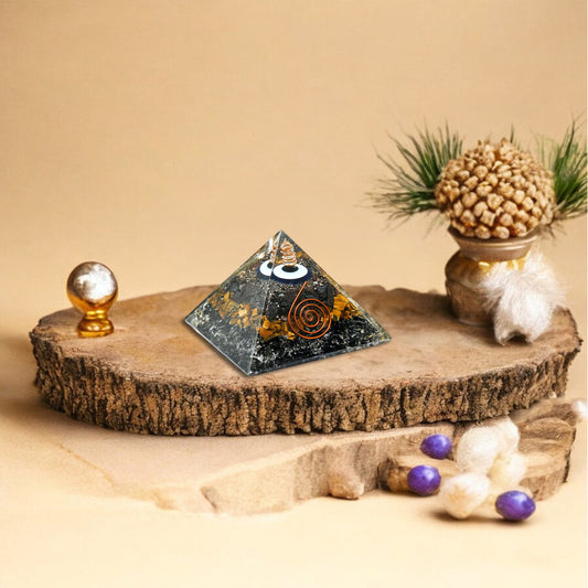 Small Tiger’s Eye and Black Tourmaline Evil Eye Orgone Crystal Pyramid