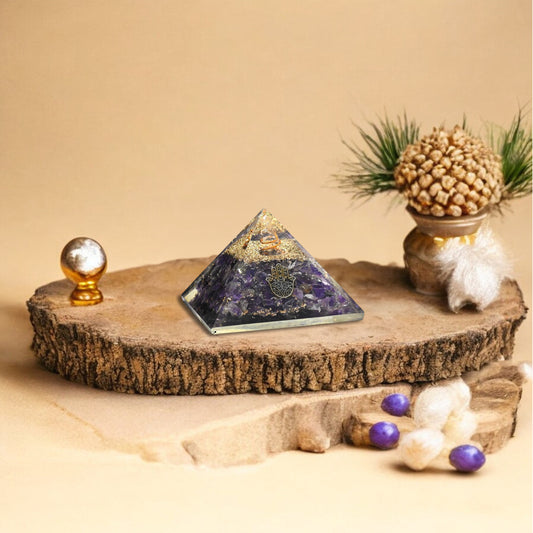 Amethyst Hamsa Hand Orgone Crystal Pyramid