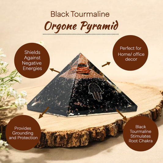 Black Tourmaline Hamsa Hand Orgone Crystal Pyramid
