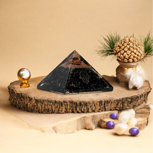 Shungite Hamsa Hand Orgone Crystal Pyramid