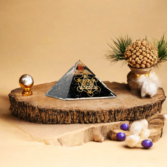 Shungite Golden Metraton Cube Orgone Pyramid