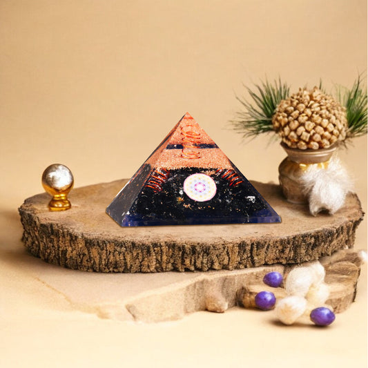 Black Tourmaline Golden Flower of Life Orgone Pyramid For Healing