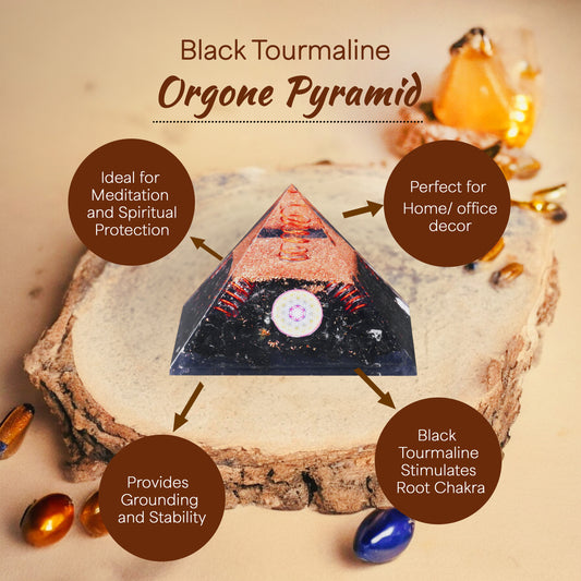 Black Tourmaline Golden Flower of Life Orgone Pyramid For Healing