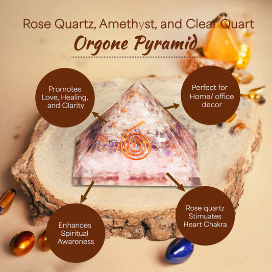 Amethyst, Rose Quartz, and Clear Quartz Orgone Pyramid