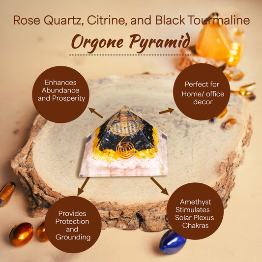 Rose Quartz, Citrine, and Black Tourmaline Orgone Pyramid