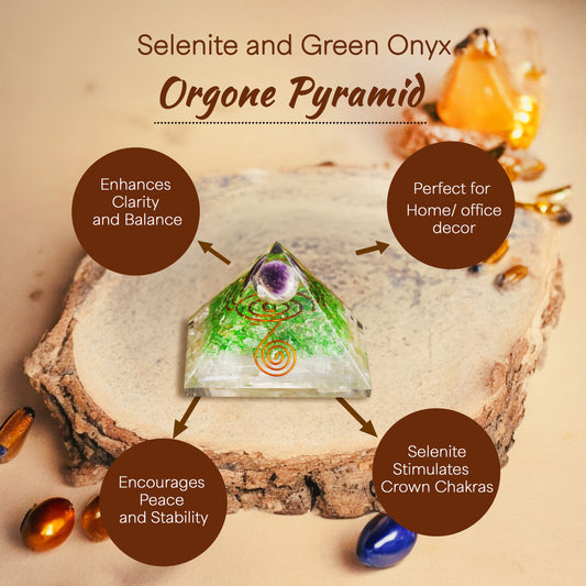 Selenite and Green Onyx Orgone Crystal Pyramid