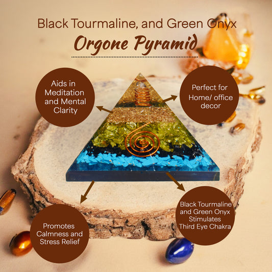Turquoise, Black Tourmaline, and Green Onyx Orgone Pyramid