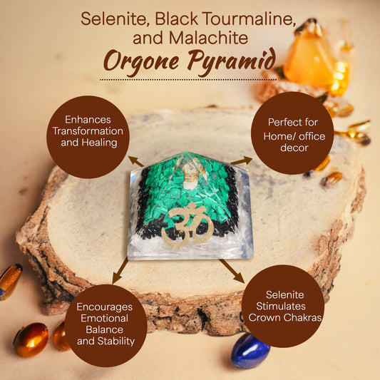 Selenite, Black Tourmaline, and Malachite Orgone Pyramid