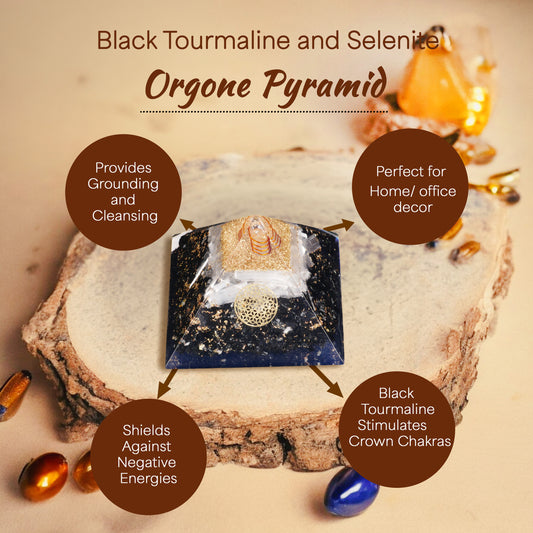 Black Tourmaline and selenite Orgone Crystal Pyramid
