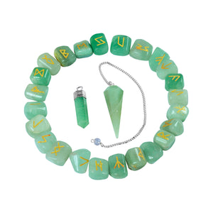 Green Jade Runes Stone Set With Pendant & Crystal Pendulum