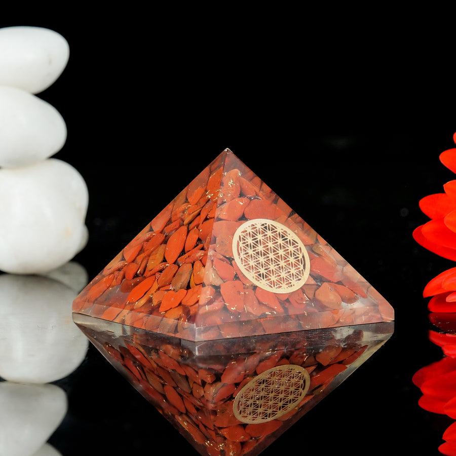 Red Jasper Pyramid Flower Of Life & Crystal Point For Chakra Balancing Stone