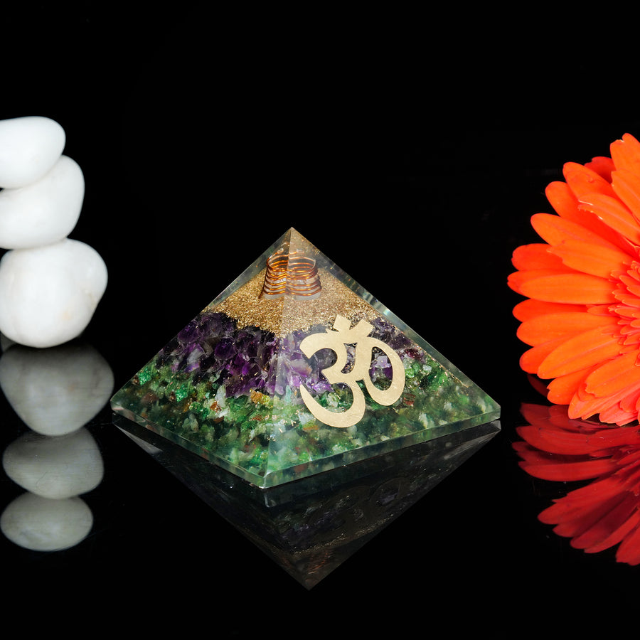 Amethyst & Green Aventurine orgonite pyramid with Om Symbol for Energy Protection