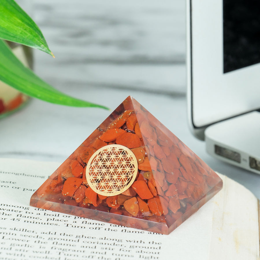 Red Jasper Pyramid Flower Of Life & Crystal Point For Chakra Balancing Stone