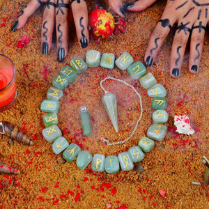 Green Jade Runes Stone Set With Pendant & Crystal Pendulum