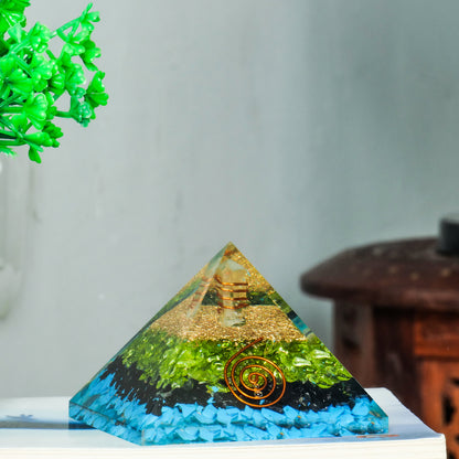 Peridot, Turquoise, and Black Tourmaline Orgonite Pyramid