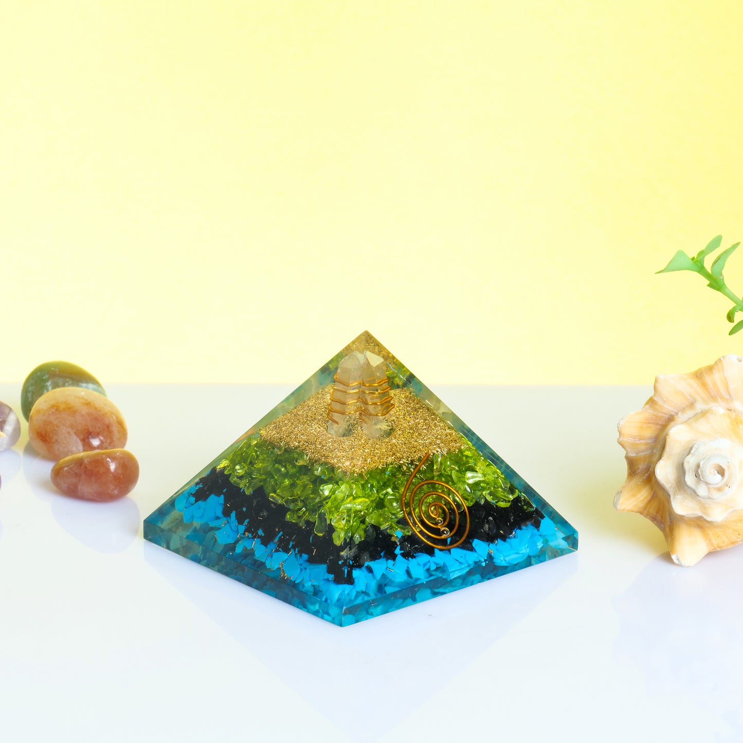 Peridot, Turquoise, and Black Tourmaline Orgonite Pyramid