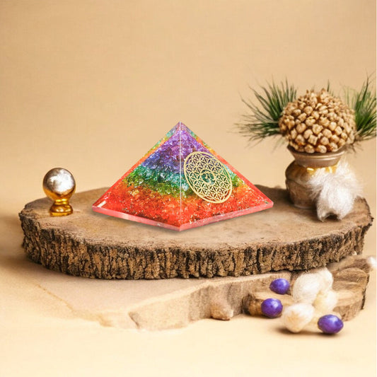 Seven Chakra Om and Flower of Life Orgone Pyramid
