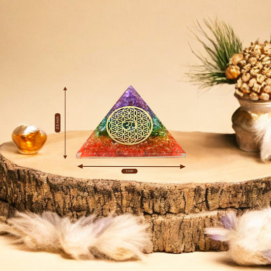 Seven Chakra Om and Flower of Life Orgone Pyramid