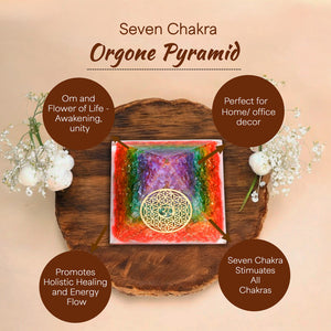 Seven Chakra Om and Flower of Life Orgone Pyramid