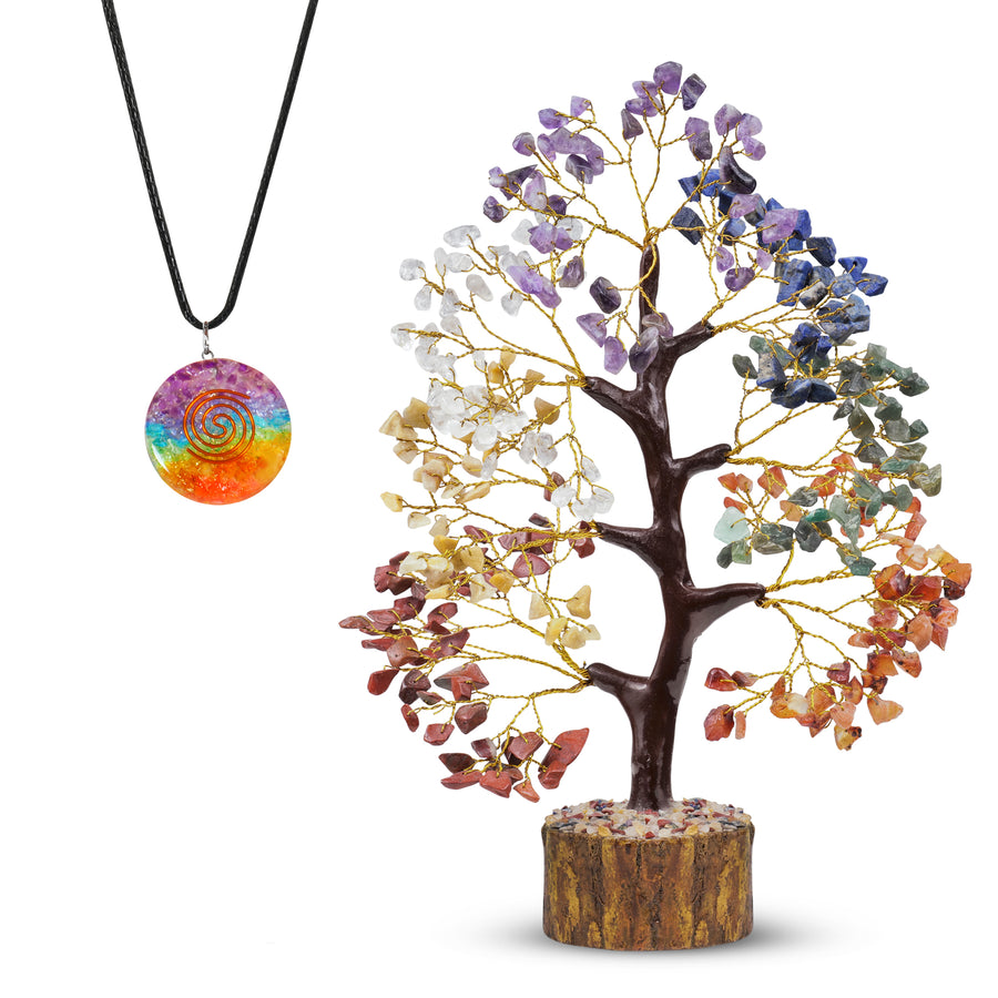 Seven Chakra Crystal Tree Set with Healing Pendant