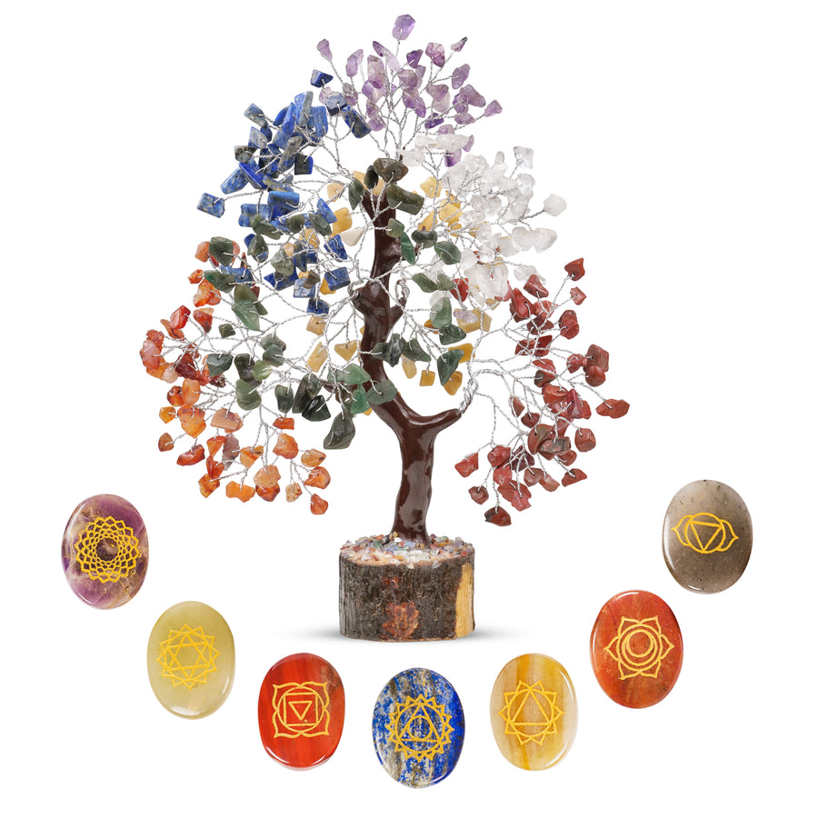 Seven Chakra Crystal Tree with Engraved Palm Stones Set - Align Your Spirit