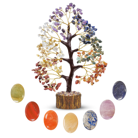 Seven Chakra Crystal Tree And Palm Stone Set