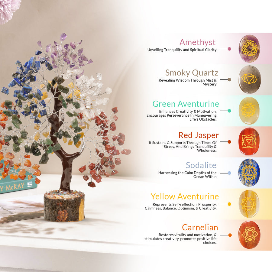 Seven Chakra Crystal Tree with Engraved Palm Stones Set - Align Your Spirit
