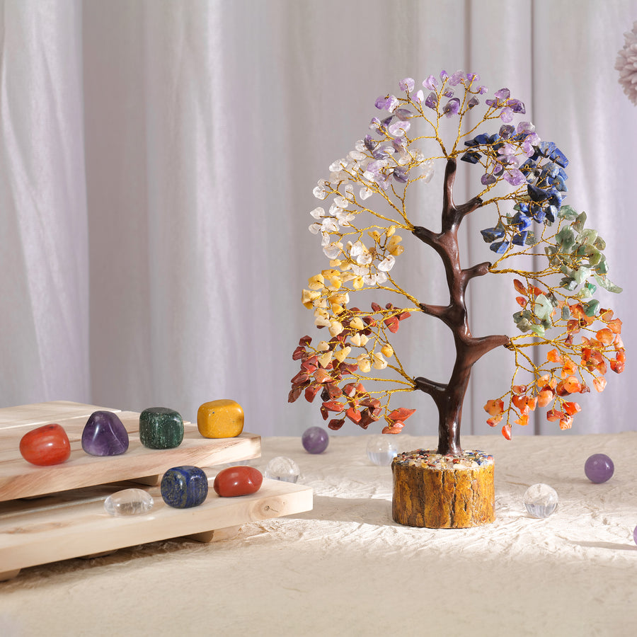 Complete Seven Chakra Crystal Tree Set with Tumbled Stone Ensemble