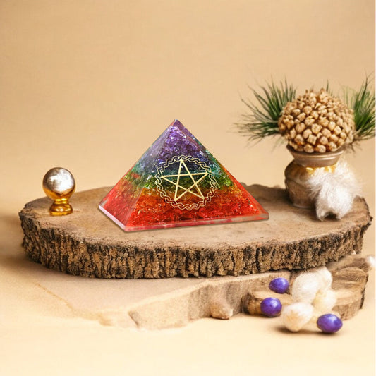 Seven Chakra Golden Pentagram Orgone Pyramid