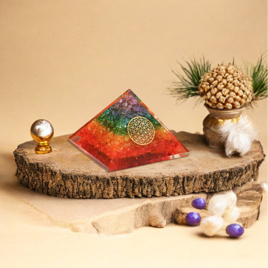 Seven Chakra Golden Flower of Life Orgone Crystal Pyramid