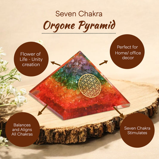 Seven Chakra Golden Flower of Life Orgone Crystal Pyramid