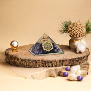 Amethyst Flower of Life Geometric Pattern Orgone Pyramid