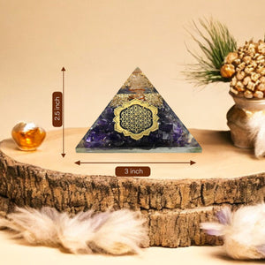 Amethyst Flower of Life Geometric Pattern Orgone Pyramid