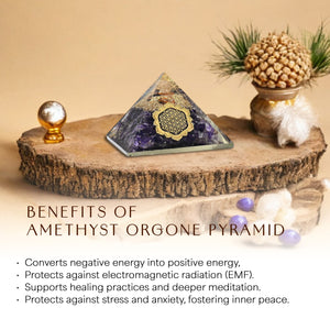 Amethyst Flower of Life Geometric Pattern Orgone Pyramid