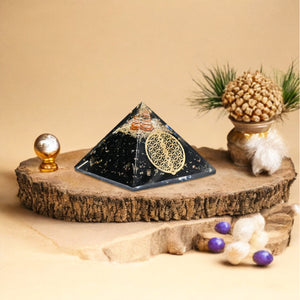 Black Tourmaline Golden Flower Of Life Orgone Crystal Pyramid