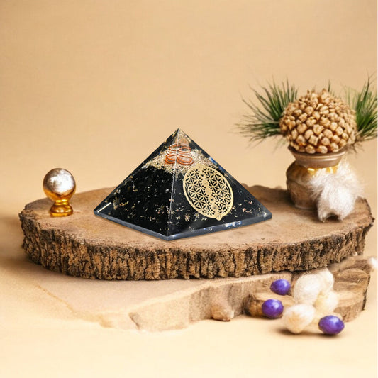 Black Tourmaline Golden Flower Of Life Orgone Crystal Pyramid