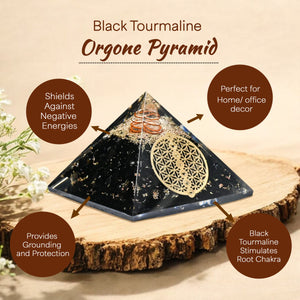 Black Tourmaline Golden Flower Of Life Orgone Crystal Pyramid