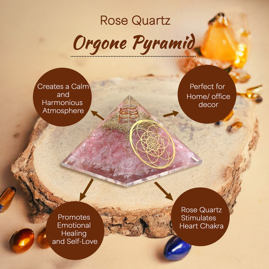 Rose Quartz Golden Flower Of Life Orgone Pyramid