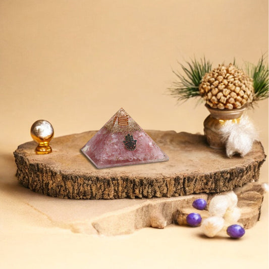 Rose Quartz Hamsa Hand Orgone Crystal Pyramid