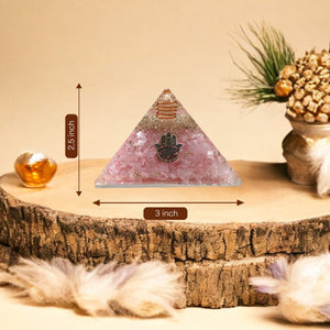 Rose Quartz Hamsa Hand Orgone Crystal Pyramid