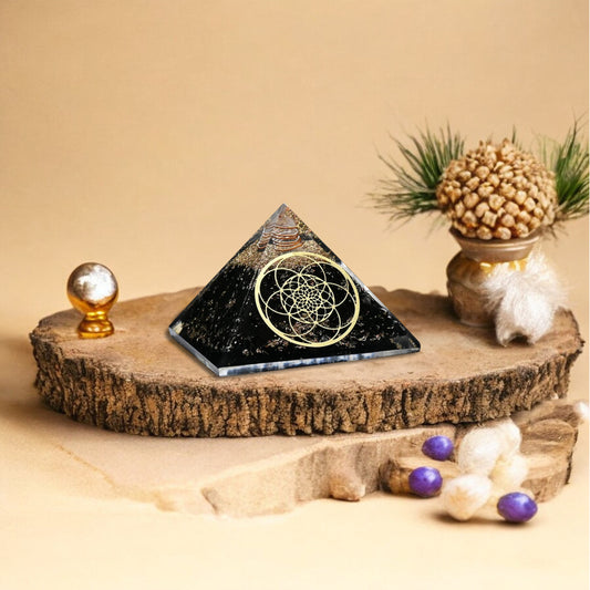Shungite Golden Flower Of Life Orgone Pyramid