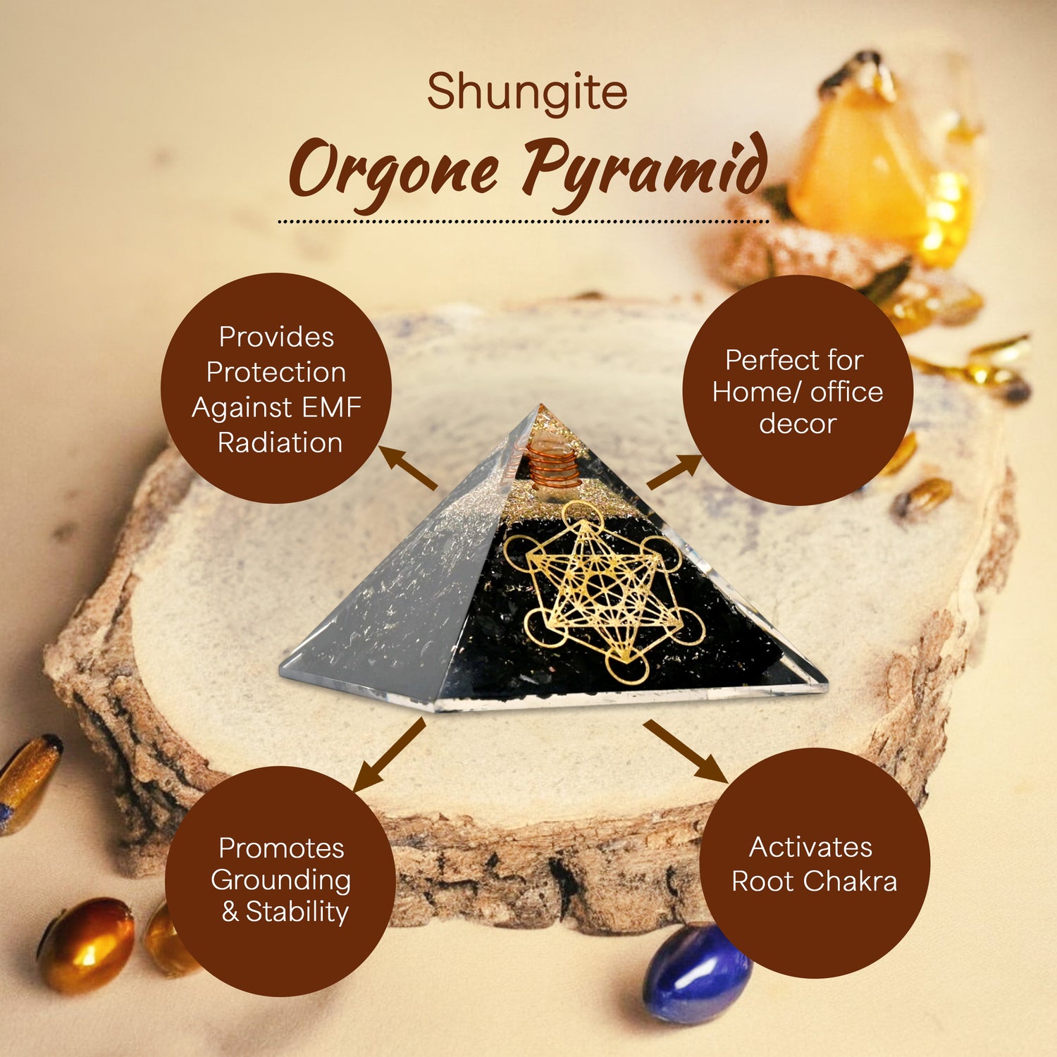 Shungite Golden Metraton Cube Orgone Pyramid