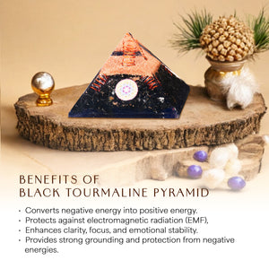 Black Tourmaline Golden Flower of Life Orgone Pyramid For Healing