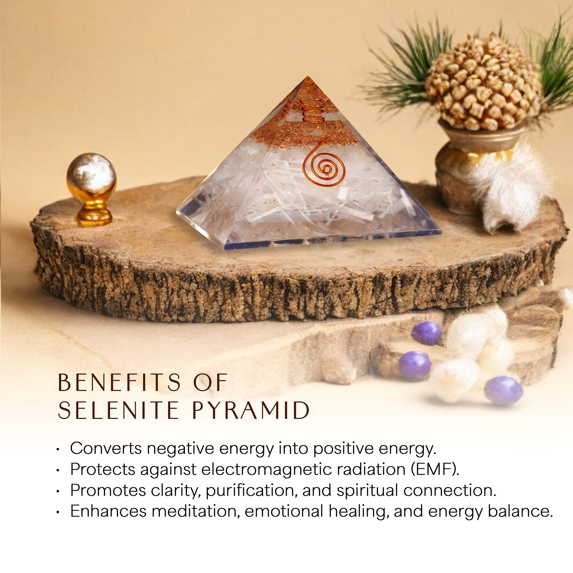 Selenite Copper Coil Orgone Crystal Pyramid