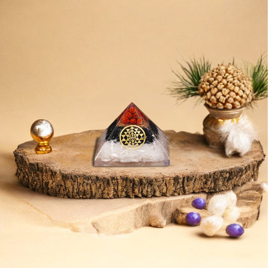 Selenite and Black Tourmaline Sri Yantra Orgone Pyramid