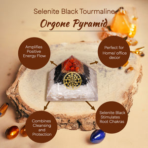 Selenite and Black Tourmaline Sri Yantra Orgone Pyramid