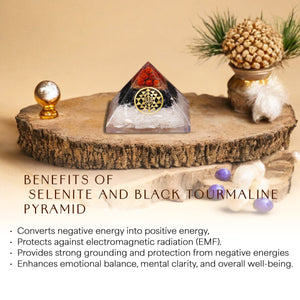Selenite and Black Tourmaline Sri Yantra Orgone Pyramid