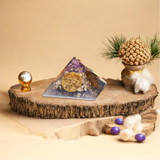 Golden Pyrite and Amethyst Orgone Pyramid